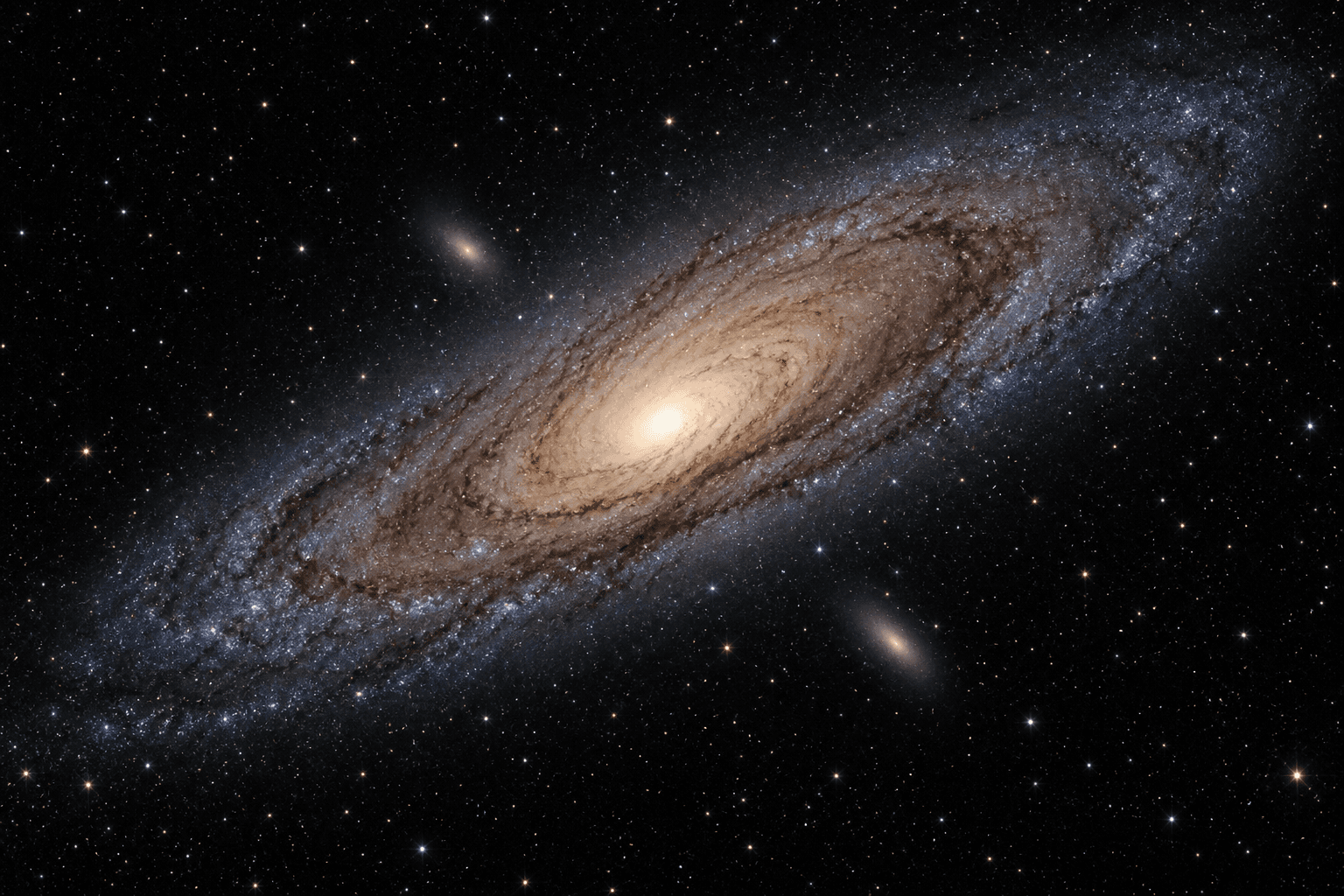 AI-generated preview. An inclined spiral galaxy with a warm core and layered dust lanes. Not a telescope capture.