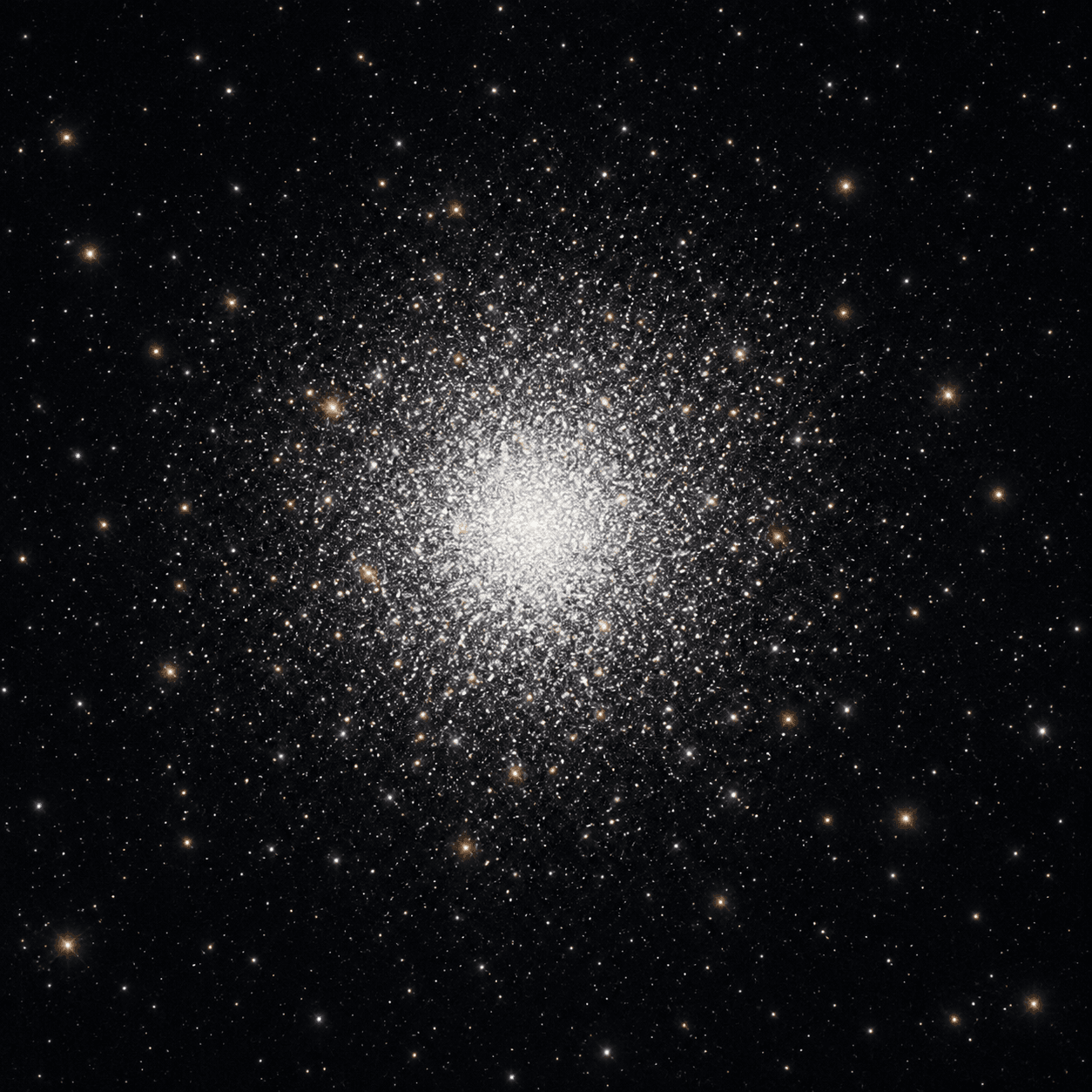 AI-generated preview. A dense sphere of white and gold stars fading into dark space. Not a telescope capture.