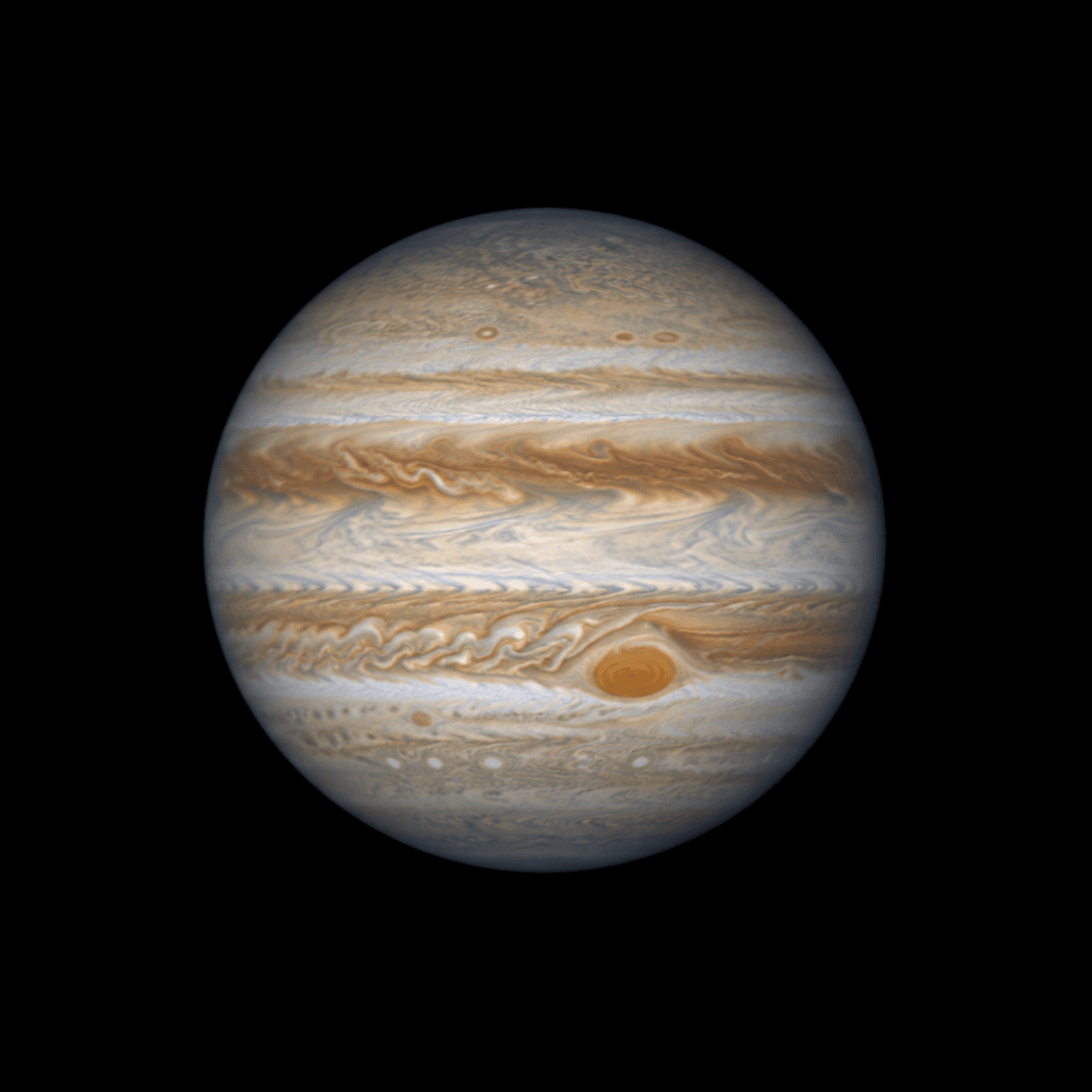 AI-generated preview. Cream and ochre cloud bands on Jupiter, with a warm oval storm. Not a telescope capture.