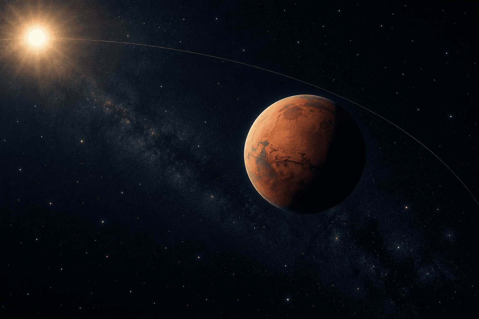 AI-generated illustration of Mars against a dark sky with a decorative orbital arc. Not a scientific trajectory diagram.