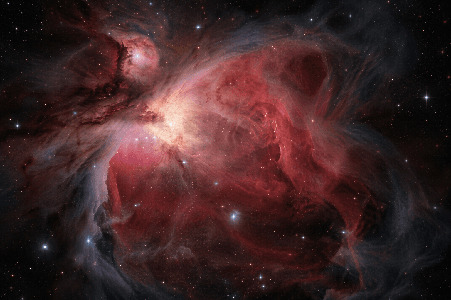 AI-generated Orion-inspired nebula, with luminous rose clouds and dark dust lanes. Not a telescope capture.