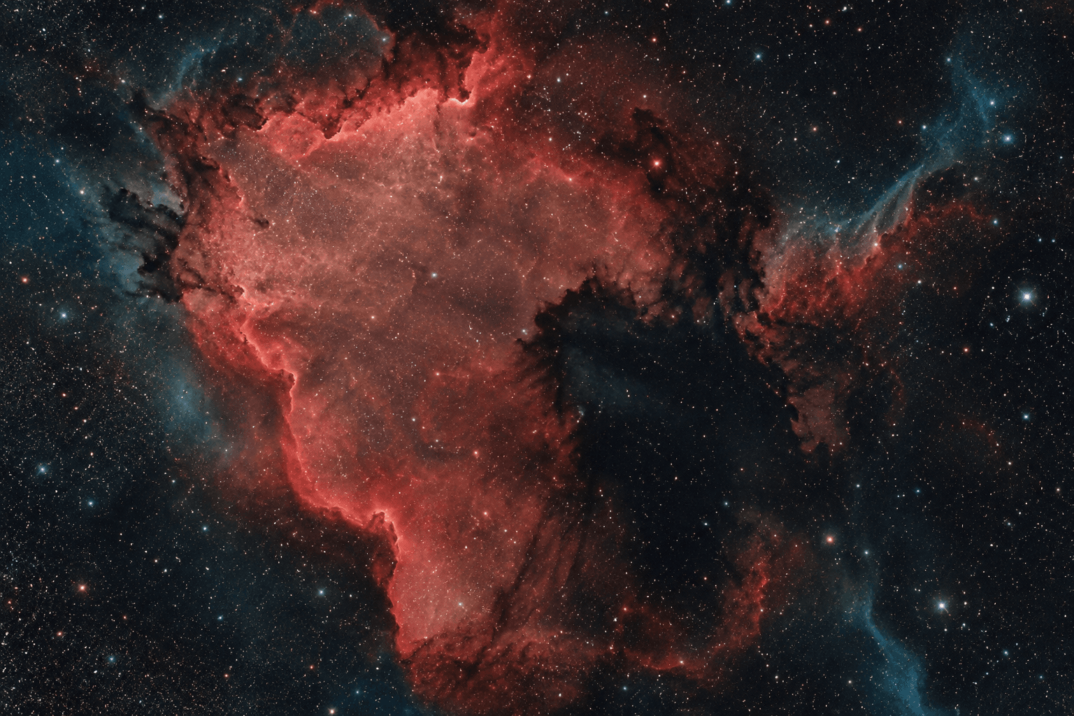AI-generated preview. Crimson emission clouds and dark dust against a fine starfield. Not a telescope capture.