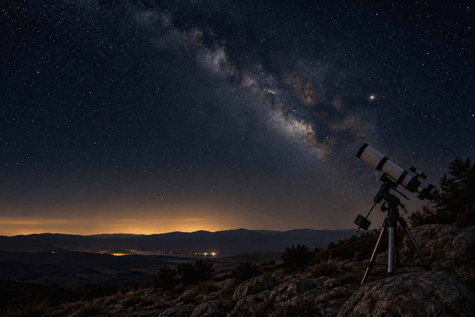 AI-generated scene of a telescope under the stars. Not the owner's equipment or observing site.